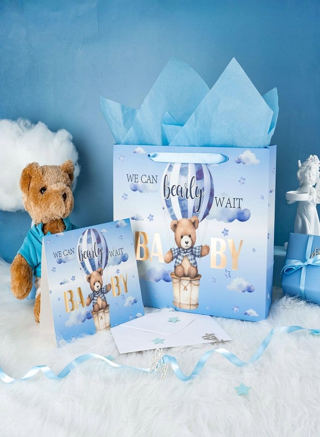 LeZakaa Baby Boy Gift Bag Blue Bear, Hot Air Balloon We Can Bearly Wait BABY Goil Foil Design with Tissue Paper and Greeting Card for Baby Shower, New Parents, 13" x 10" x 5", 1 Pcs - Image 2